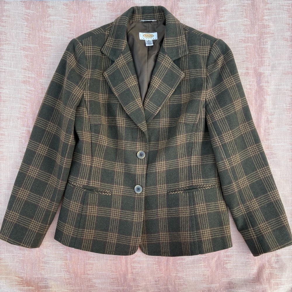Vintage Talbots Italian Wool Blend Lined Green Brown Plaid Blazer Size 8